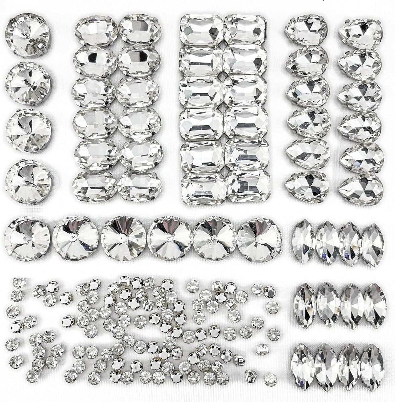 160PCS Glass Sew on Rhinestones, Flactback Sew On Claw Crystals for Crafts Costume Clothes Jewelry (Crystal Clear/White, Mixed Shapes)